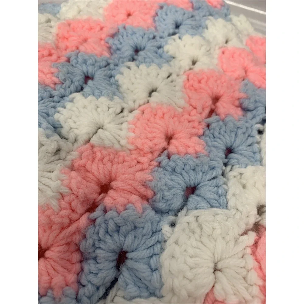 Handmade Crochet  Blanket Throw Pink Blue Baby Colors 50x48 ‎ Afghan